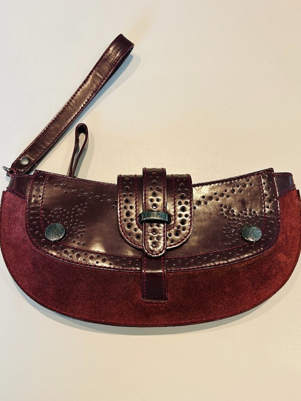 Tanner Krolle London Burgundy Leather & Suede Clutch / Wristlet